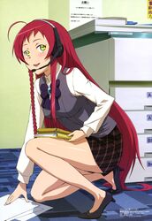  1girl absurdres ahoge blush hataraku_maou-sama! high_heels highres legs long_hair megami official_art redhead shoes skirt solo very_long_hair yellow_eyes yusa_emi 