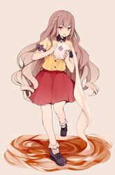  1girl ai5108 brown_hair coffee long_hair open_mouth simple_background skirt solo very_long_hair yukijirushi yukiko-tan 