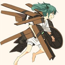  1girl aqua_hair gun hair_bobbles hair_ornament jetpack kisume mecha_musume pink_background profile rough shield short_hair simple_background solo touhou twintails weapon yudepii 
