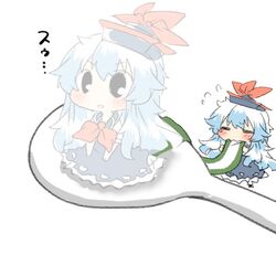  1girl black_eyes blue_hair blush closed_eyes eating hat kamishirasawa_keine long_hair lowres open_mouth rebecca_(keinelove) scroll smile spoon touhou 