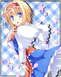  1girl alice_margatroid anni_minto black_legwear blonde_hair blue_eyes cape frills hair_tubes highres looking_back petals short_hair solo thigh-highs touhou 