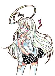 1girl ahoge blue_eyes blush breasts checkered checkered_skirt collarbone contrapposto eyelashes goku_(acoloredpencil) haiyore!_nyaruko-san hand_on_leg heart heart_ahoge highres long_hair long_sleeves looking_at_viewer miniskirt navel no_bra nyarlathotep_(nyaruko-san) open_clothes open_mouth open_shirt payot simple_background skirt solo thighhighs traditional_media tsurime very_long_hair white_background white_hair white_legwear