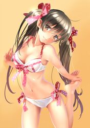  1girl blush bra breasts brown_eyes brown_hair cleavage head_tilt katahira_masashi large_breasts long_hair looking_at_viewer navel original panties smile solo twintails underwear underwear_only white_bra white_panties 
