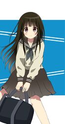 1girl black_hair blush chitanda_eru collarbone highres hime_cut hyouka long_hair long_sleeves pink_eyes ryoutan smile solo 