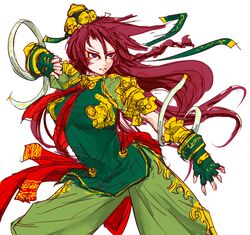  alternate_costume blue_eyes facepaint fighting_stance highres hong_meiling ledjoker07 redhead ribbon touhou 