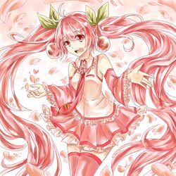  1girl aozorayukiinu cherry detached_sleeves food fruit hatsune_miku long_hair necktie open_mouth petals pink_eyes pink_hair sakura_miku skirt solo thigh-highs twintails very_long_hair vocaloid 