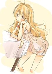  1girl aiba_kou arm_support blonde_hair bloomers blush bow braid hair_bow kirisame_marisa long_hair no_hat no_headwear sketch solo table touhou underwear underwear_only yellow_eyes 
