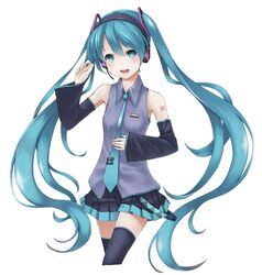  1girl aqua_eyes aqua_hair detached_sleeves dump hatsune_miku headset long_hair necktie open_mouth simple_background skirt solo thigh-highs twintails very_long_hair vocaloid white_background 