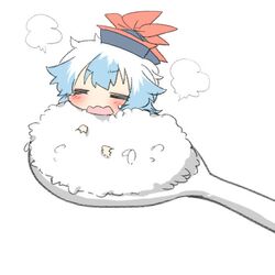  1girl blue_hair blush closed_eyes hat kamishirasawa_keine long_hair lowres open_mouth rebecca_(keinelove) rice spoon steam touhou 