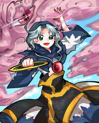  1girl blue_eyes growing_eyes hood jewelry kumoi_ichirin ring ringetsumon sky touhou unzan white_hair wide_sleeves 