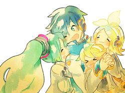  aqua_eyes aqua_hair blonde_hair blue_hair dousanmai happy hatsune_miku headphones hug kagamine_len kagamine_rin kaito long_hair ribbon smile twintails vocaloid wince 