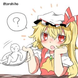  1girl blonde_hair blush fang flandre_scarlet hat lowres open_mouth rebecca_(keinelove) red_eyes ribbon short_hair spoon table touhou 