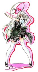  1girl absurdres ahoge blue_eyes blush checkered checkered_skirt eyelashes goku_(acoloredpencil) haiyore!_nyaruko-san heart heart_ahoge highres long_hair looking_at_viewer nyarlathotep_(nyaruko-san) payot pink pose ribbon shadow short_sleeves skirt smile solo thigh-highs traditional_media tsurime very_long_hair white_background white_hair white_legwear 