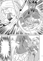  2girls braid comic crazy_eyes dual_wielding finger_gun highres monochrome multiple_girls reisen_udongein_inaba shaded_face smile takaku_toshihiko touhou translation_request yagokoro_eirin 