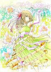  1girl bare_shoulders bow brown_hair dress elbow_gloves gloves hair_ornament heterochromia highres idolmaster idolmaster_cinderella_girls reireimeimei ribbon solo takagaki_kaede 