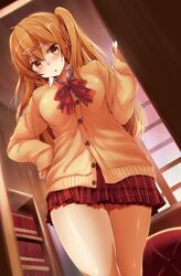  1girl bookshelf brown_eyes brown_hair buttons cardigan chuunibyou_demo_koi_ga_shitai! hair_ornament hairclip hand_on_hip highres long_hair nibutani_shinka one_side_up open_mouth plaid plaid_skirt school_uniform skirt solo tsuzuri_(itosousou) window 