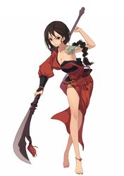  1girl angry barefoot belt black_hair braid breasts cleavage feet fkey highres large_breasts legs long_hair nail_polish red_eyes simple_background solo tattoo weapon white_background 