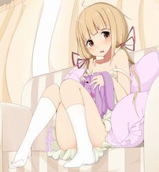  1girl :o blonde_hair brown_eyes convenient_leg futaba_anzu idolmaster idolmaster_cinderella_girls long_hair ratsuku_kinoko ribbon solo strap_slip twintails 