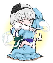  2girls blush closed_eyes gon435 hairband hitodama hug konpaku_youmu multiple_girls saigyouji_yuyuko short_hair silver_hair touhou 
