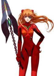  1girl asukaziye bandages blue_eyes evangelion:_3.0_you_can_(not)_redo eyepatch hair_ornament hand_on_hip highres lance_of_longinus neon_genesis_evangelion orange_hair plugsuit polearm rebuild_of_evangelion reverse_grip shikinami_asuka_langley simple_background solo souryuu_asuka_langley two_side_up weapon white_background 