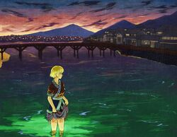  1girl blonde_hair blouse bridge clouds east_asian_architecture green_eyes looking_away mizufusen mizuhashi_parsee mountain partially_submerged pointy_ears short_hair skirt skirt_hold solo touhou town twilight wading water 