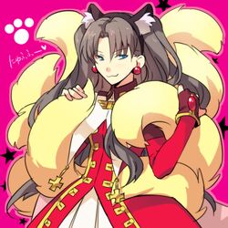  1girl :3 animal_ears black_hair blue_eyes brown_hair cat_ears cat_tail earrings fate/hollow_ataraxia fate_(series) fingerless_gloves gloves jewelry kaleido_ruby kyuubi long_hair magical_girl sexy44 solo tail thigh-highs toosaka_rin two_side_up 