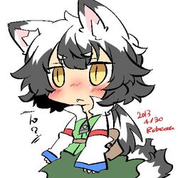  1girl animal_ears blush fang fox_ears fox_tail jacket long_hair lowres original rebecca_(keinelove) silver_hair tail yellow_eyes 