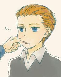  1boy android blue_eyes brown_hair cheek_pinching kurosuke_(nora) lowres pinching r_daneel_olivaw the_caves_of_steel 