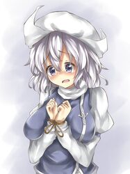  1girl between_breasts blue_eyes blush bust hat highres letty_whiterock open_mouth rope silver_hair solo tam-out_(datam) touhou wrist_bound 