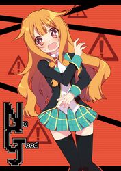  1girl amatsuka_mao black_legwear blazer blush fang gj-bu highres hoppege long_hair long_sleeves open_mouth orange_hair plaid plaid_skirt school_uniform skirt solo sweatdrop thigh-highs 