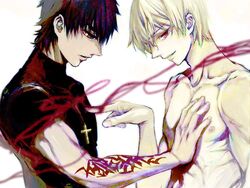  2boys azamuku blonde_hair brown_hair cross cross_necklace fate/zero fate_(series) gilgamesh hangleing jewelry kotomine_kirei multiple_boys necklace nude red_eyes 