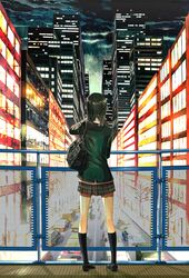  bag black_hair blazer bridge car city clouds highres long_hair mixed_media motor_vehicle night original plaid plaid_skirt schenu school_bag school_uniform skirt sky traditional_media truck vehicle watercolor_(medium) window 