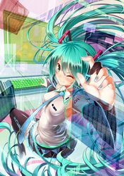  1girl aqua_eyes aqua_hair black_legwear blush erokosei hands hatsune_miku heads-up_display highres instrument keyboard_(instrument) long_hair nail_polish necktie skirt smile solo thigh-highs twintails very_long_hair vocaloid wink 