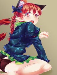  1girl animal_ears ass black_panties blush braid cat_ears extra_ears kaenbyou_rin long_hair multiple_tails nanatsuhane no_pants open_mouth panties pointy_ears red_eyes redhead sitting solo tail touhou twin_braids underwear wariza 
