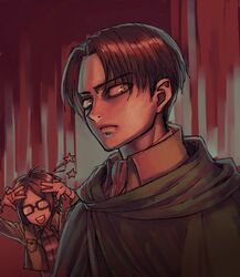  1boy 1girl cape chibi_inset glasses hanji_zoe highres rivaille shingeki_no_kyojin utsubokazura 