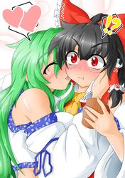  !? 2girls ascot bare_shoulders black_hair blush bow closed_eyes detached_sleeves eating green_hair hair_bow hair_tubes hakurei_reimu hand_on_another's_cheek hand_on_another's_face heart kochiya_sanae kokujuuji licking licking_face long_hair multiple_girls red_eyes spoken_heart surprised touhou yuri 