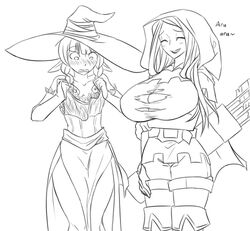 2girls arrow blush boots braid breast_conscious breast_hold breasts closed_eyes cosplay costume_switch detached_sleeves dragon's_crown dress elf elf_(dragon's_crown) flat_chest hat hood huge_breasts long_hair lowres matsu-sensei multiple_girls oversized_clothes pointy_ears quiver side_slit sorceress_(dragon's_crown) strapless_dress thigh-highs thigh_boots torn_clothes twin_braids witch_hat 