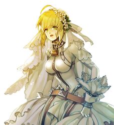  1girl ahoge belt blonde_hair bodysuit breasts fate/extra_ccc fate_(series) green_eyes highres irensive lock padlock saber_bride saber_extra solo veil 