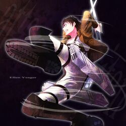 1boy acaallodola belt black_hair boots character_name eren_jaeger jacket reverse_grip shingeki_no_kyojin short_hair solo sword thigh_strap weapon 