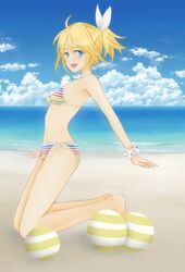  1girl ball beach beachball bikini blonde_hair blue_eyes kagamine_rin mono_(shootingstar-hitomi) ponytail project_diva short_hair solo striped striped_bikini striped_swimsuit swimsuit vocaloid 
