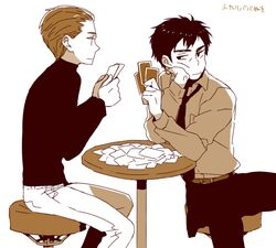  2boys android black_hair brown_hair card elijah_baley kurosuke_(nora) multiple_boys necktie playing_card r_daneel_olivaw sitting the_caves_of_steel 