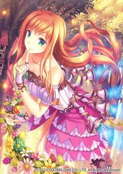  1girl bare_shoulders blonde_hair blouse bridal_gauntlets building finger_to_mouth flower frills galaxy_dungeon green_eyes kichiroku leaning_forward long_hair skirt square_enix tree 