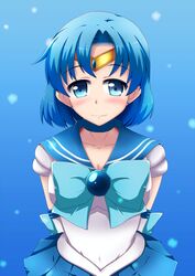  1girl arms_behind_back ax-s bishoujo_senshi_sailor_moon blue_background blue_eyes blue_hair bow choker mizuno_ami sailor_collar sailor_mercury short_hair solo tiara 