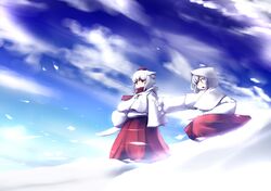  2girls animal_ears chipika clone commentary_request hat inubashiri_momiji multiple_girls open_mouth short_hair sky tail tokin_hat touhou wolf_ears wolf_tail 