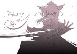  1girl animal_ears bare_shoulders chipika detached_sleeves hat inubashiri_momiji japanese_clothes looking_at_viewer monochrome short_hair simple_background solo swinging sword tail tokin_hat touhou weapon white_background wide_sleeves wolf_ears wolf_tail 
