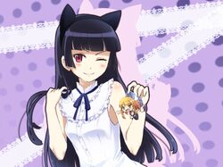  2girls atashi_(wordsofsongs) black_hair blouse chibi frills gokou_ruri highres kousaka_kirino long_hair minigirl multiple_girls ore_no_imouto_ga_konna_ni_kawaii_wake_ga_nai red_eyes wink 