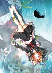  1girl barefoot bird blue_eyes brown_hair crow flower highres legs navel original school_uniform serafuku short_hair skirt solo vines water 