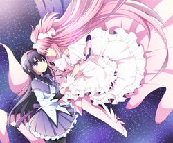  2girls akemi_homura black_hair boots bow choker dress eye_contact goddess_madoka hair_bow hairband kaname_madoka long_hair looking_at_another mahou_shoujo_madoka_magica multiple_girls pantyhose pink_hair purple_hair skirt smile soranagi very_long_hair yellow_eyes 