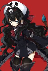  black_hair blue_eyes boots earrings garter_straps gothic_lolita hat jewelry ju-zika lolita_fashion long_hair original skirt skull thigh-highs thigh_boots 