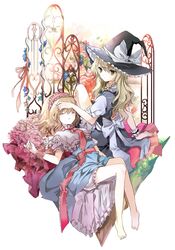  2girls alice_margatroid blonde_hair capelet closed_eyes dress flower hairband hand_on_head hat kirisame_marisa long_hair multiple_girls ra-bit short_hair sleeping touhou 